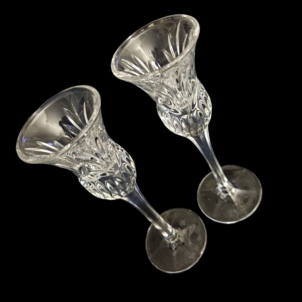 Pair Crystal Cordial Glasses Cut Design Flared Rim Long Stem Clear Stemware